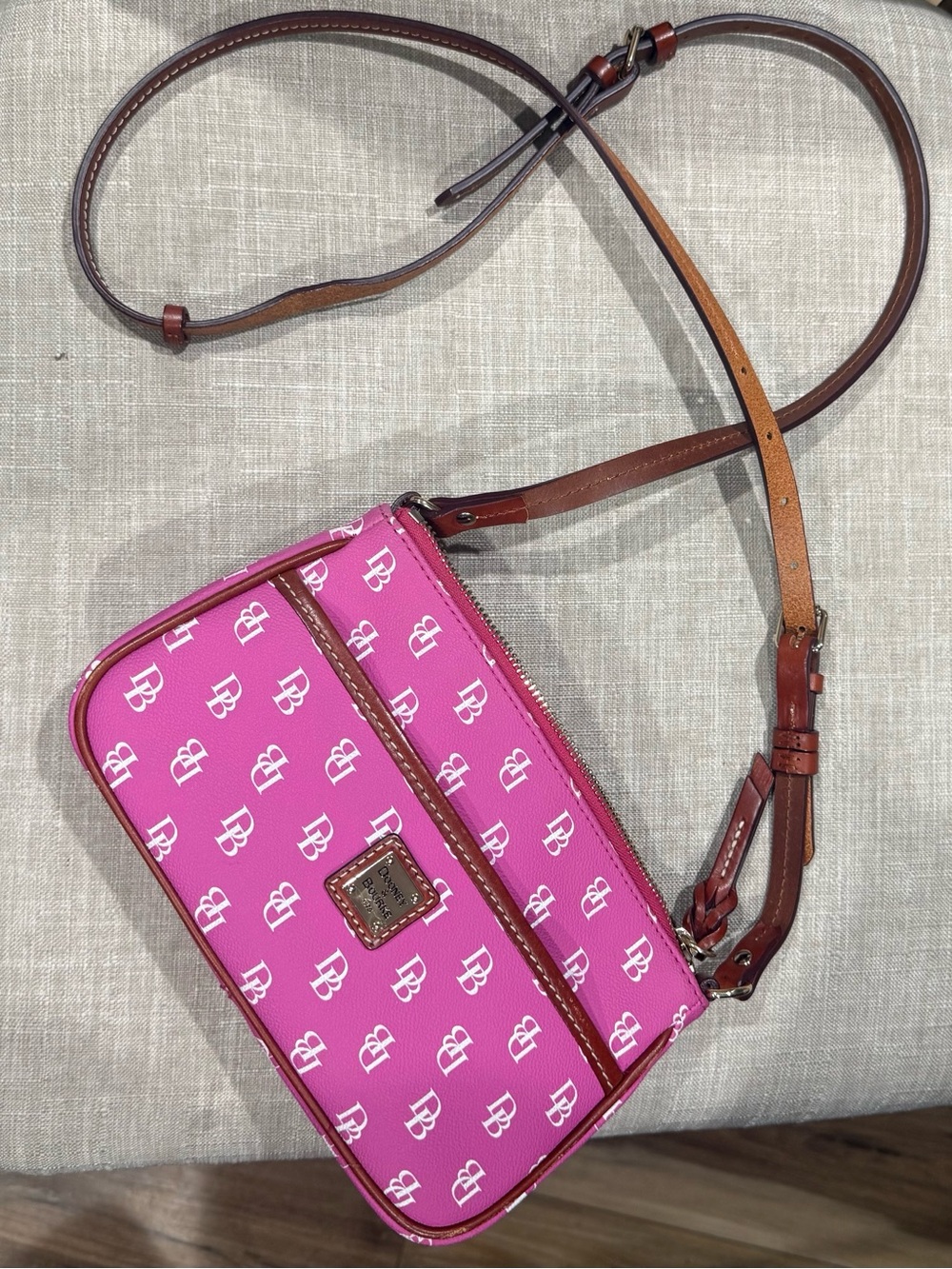 Dooney and Bourke Pink Logo-Print Crossbody Bag with Brown Leather Strap
